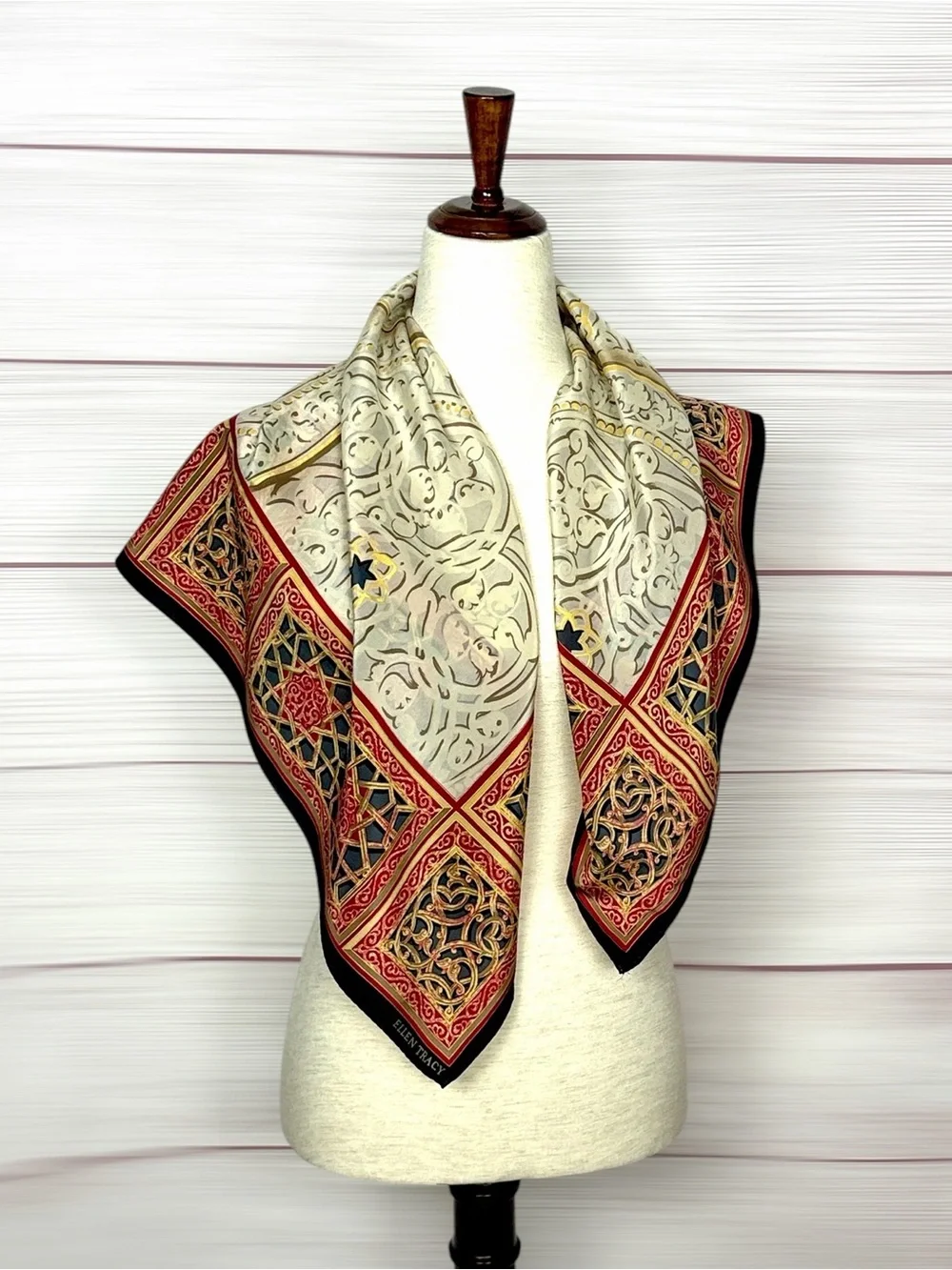 Ellen Tracy Silk Scarf Ornate Baroque Scroll Moorish Geometric Print Korea